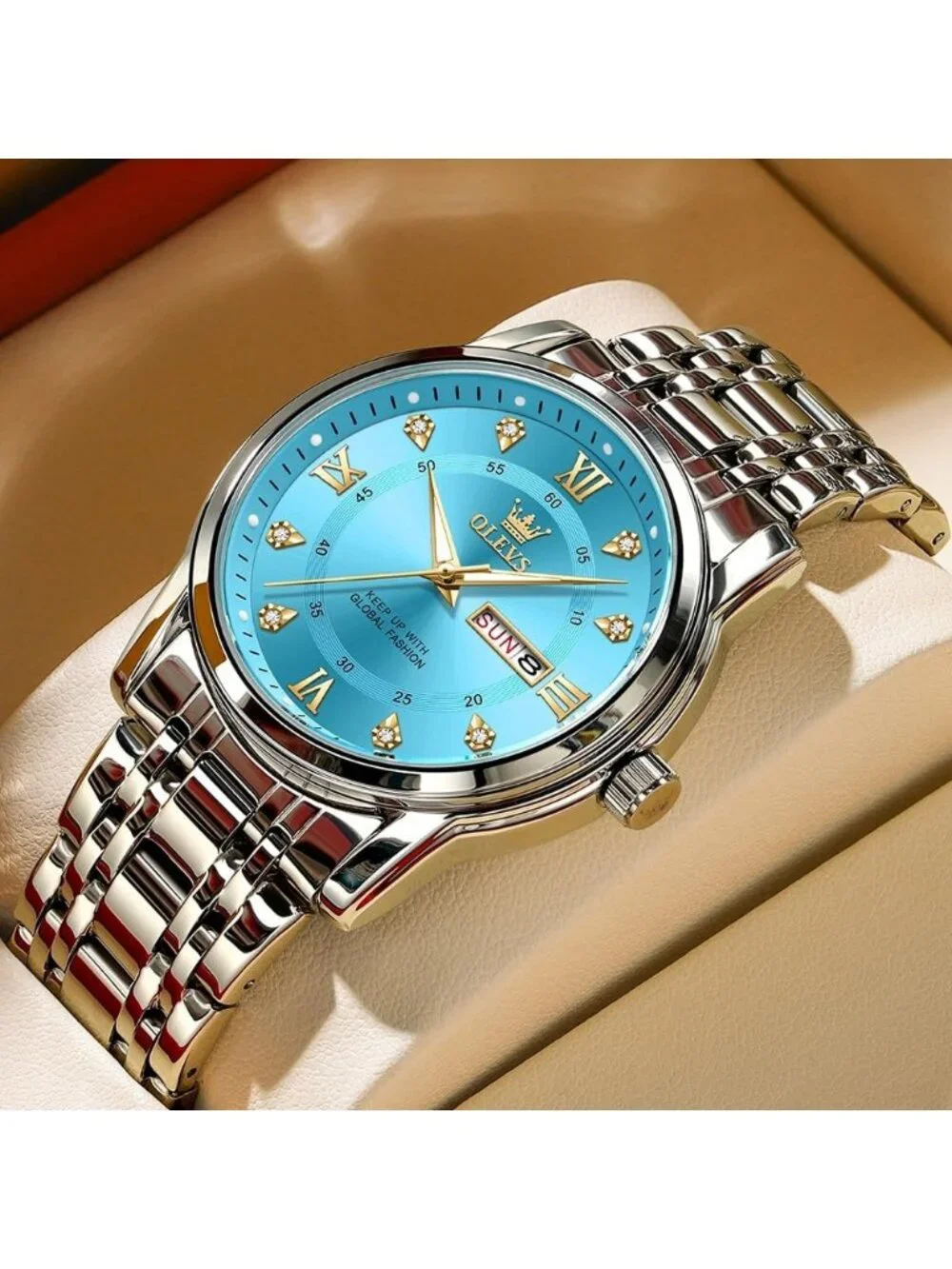 Olevs Men's Silver Blue Diamond Wrist Quartz Stainless Luminous Luxury Watch